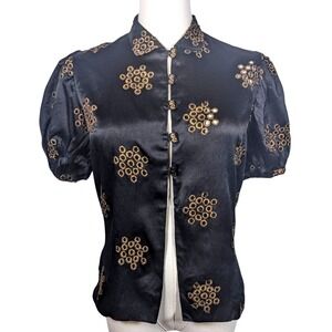 1930s Black Liquid Satin Puff Sleeve Button front Blouse carved glass buttons